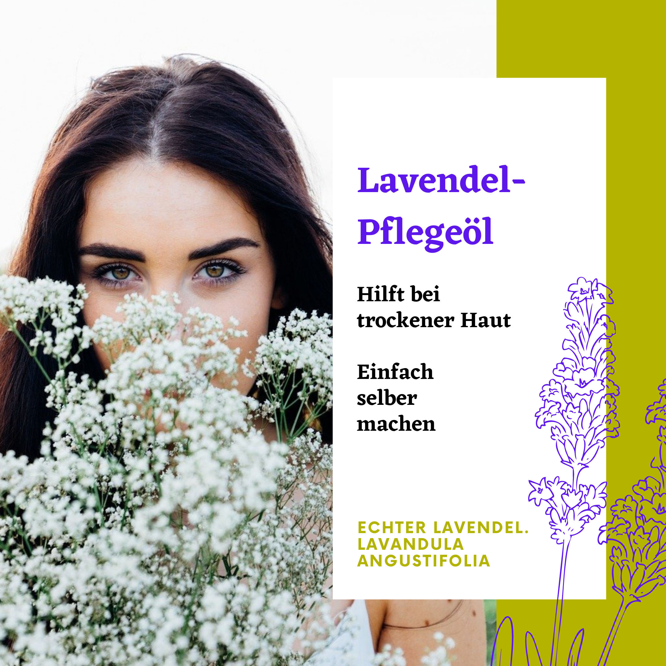 Mädchen auf duftender Blumenwiese. Lavendel-Pflegeöl pflegt trockene Haut