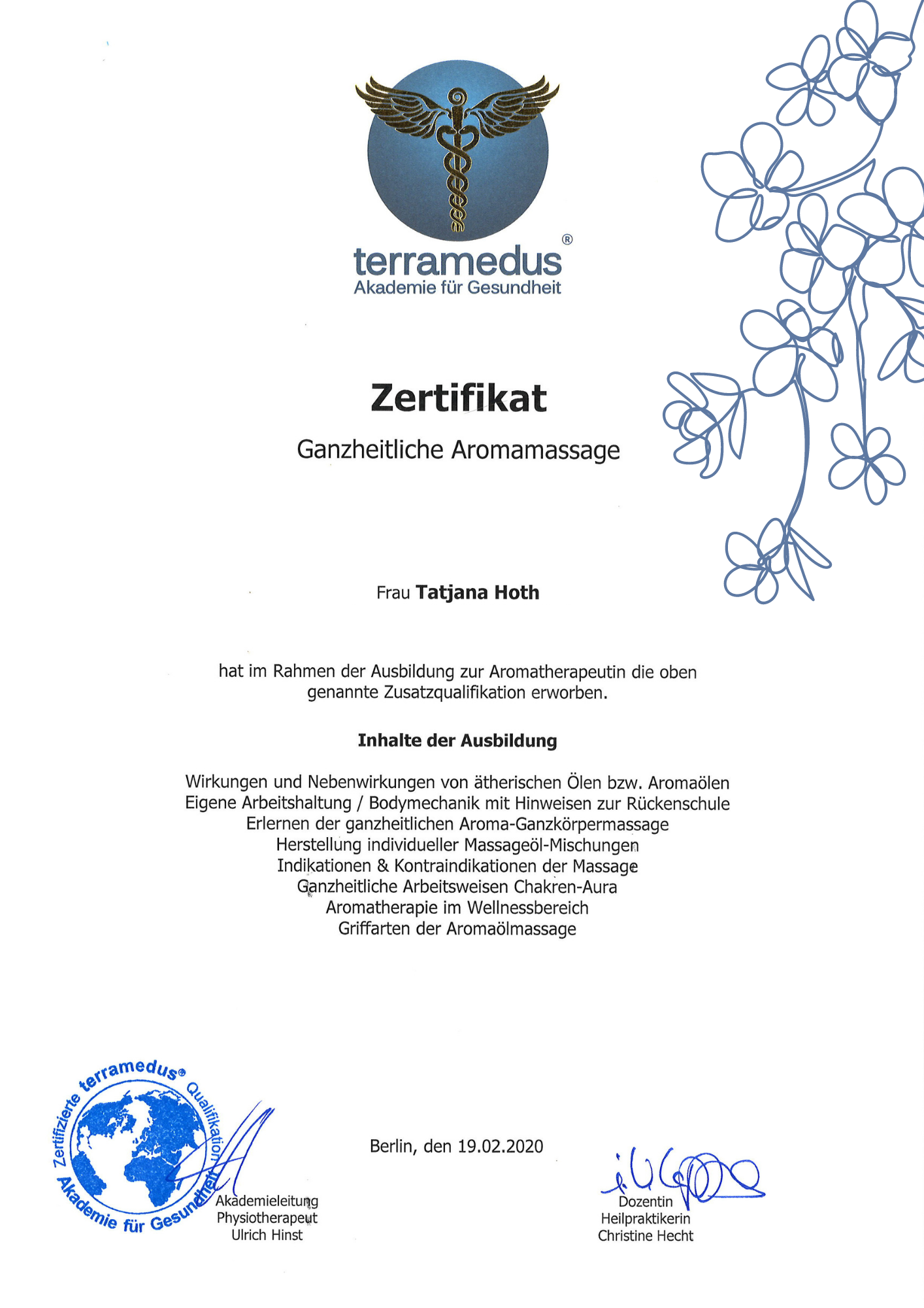 Zertifikat "Aromaöl-Massage", Tatjana Hoth, Wilder Thymian, Aromatherapie und Massagen Berlin